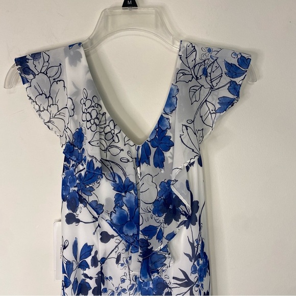 Signature by Robbie Lee Blue Floral Sleeveless Ruffles Flowy Maxi Dress 4P Y2K - Picture 10 of 14